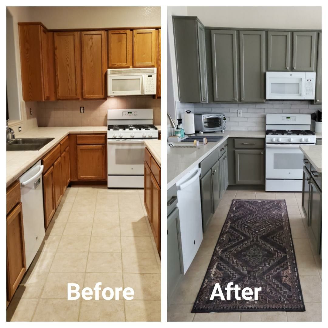 Budget kitchen makeover with original brown cabinets