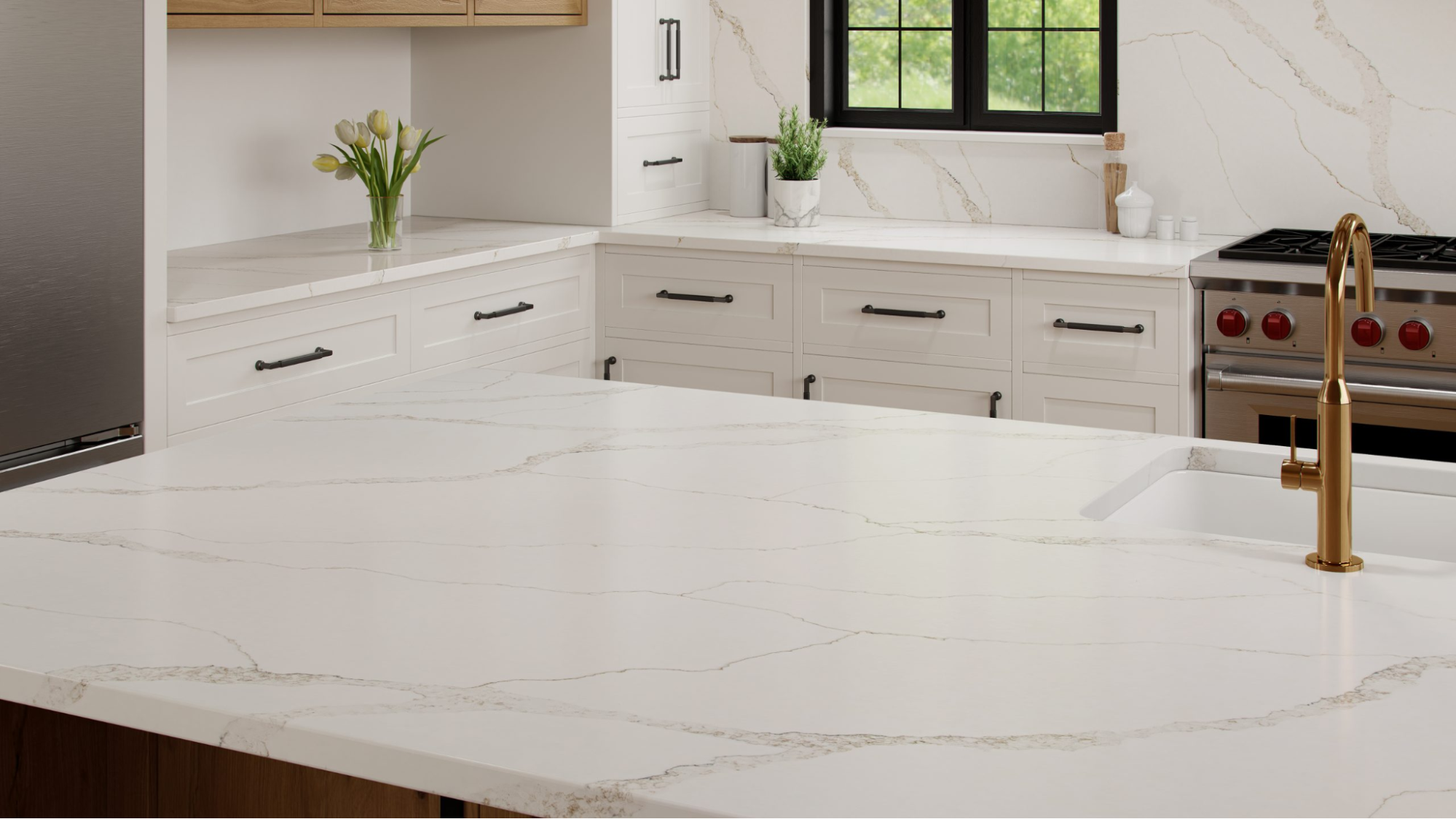 White quartz countertop in a durable Woodlands kitchen