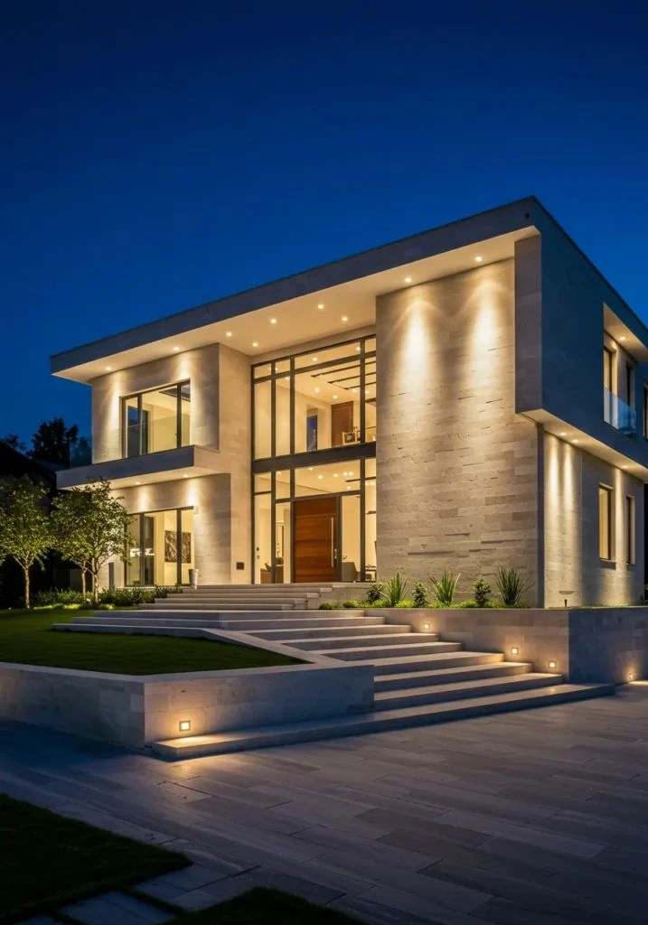 Smart Home Exterior with Modern Lighting