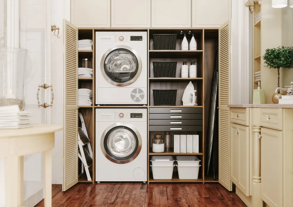 Compact laundry room with fold-down ironing board